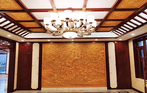 莆田中式别墅客厅中式木作横梁吊顶装饰展示